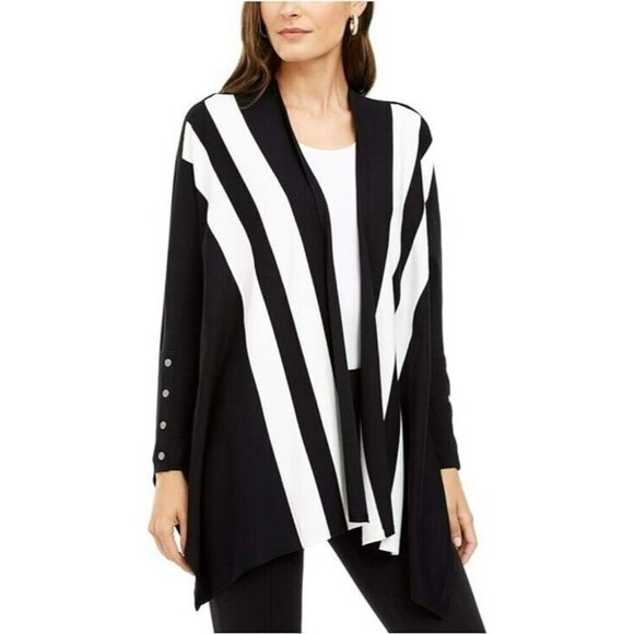 Alfani Womens Black Striped Open Front Dolman Sleeve Wrap Cardigan Sweater PS - Picture 1 of 16